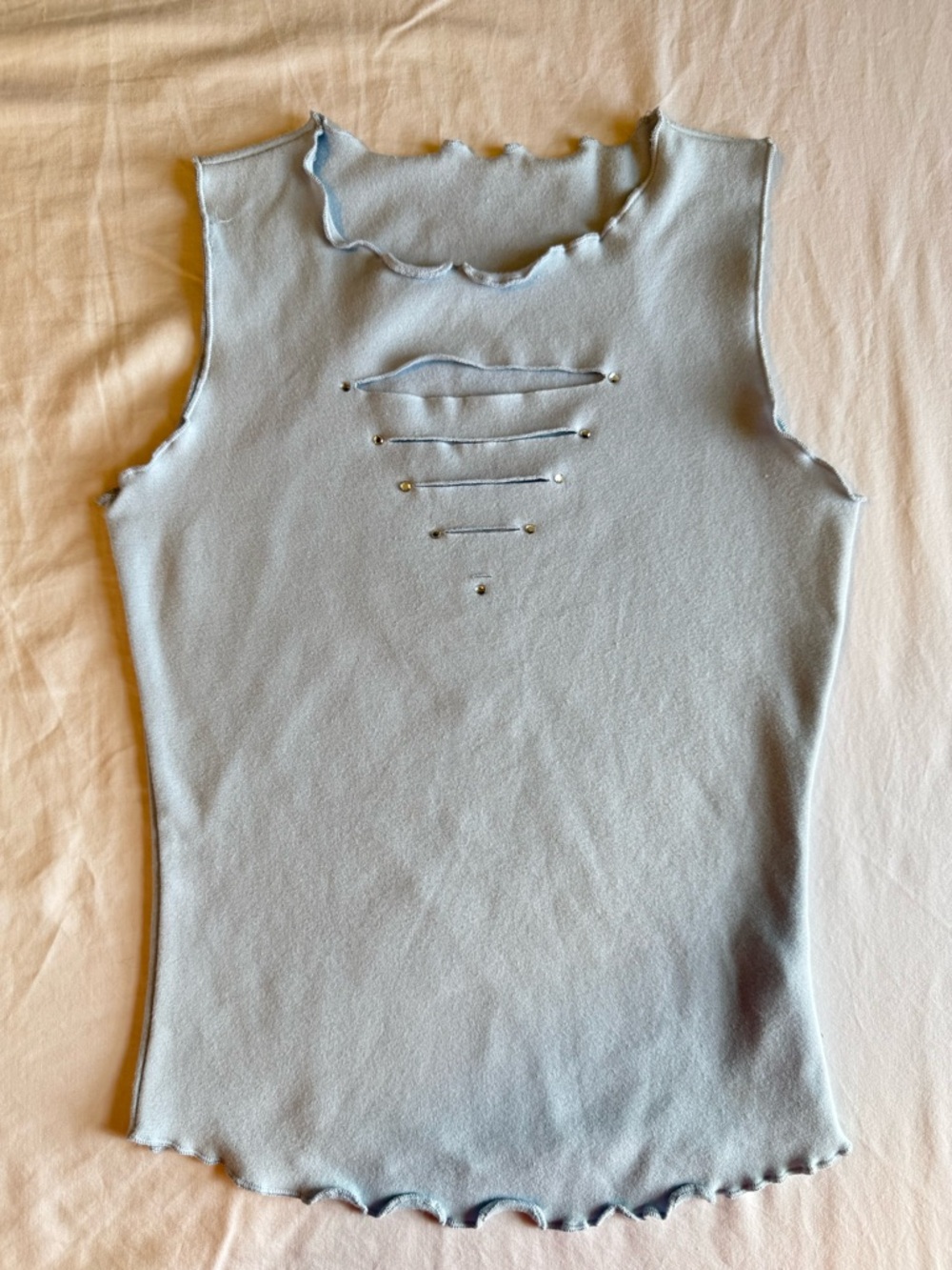 Vintage Y2K Baby Blue crop cut-out cotton stretch Tank Small lettuce hem